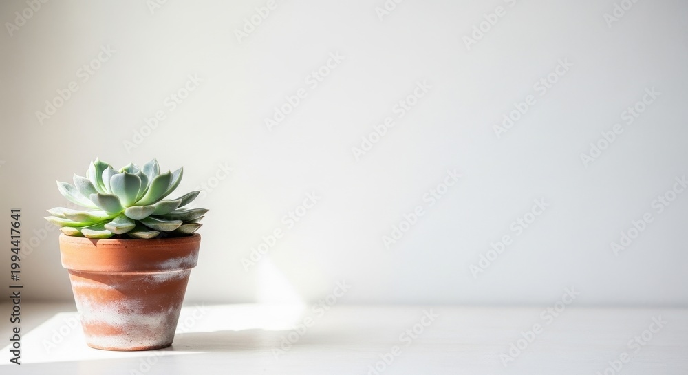 Fototapeta premium Small Succulent in Terracotta Pot Near a Sunlit Wall, Bringing a Touch of Nature, Calm, and Simple Green Life to a Minimal Modern Interior Space