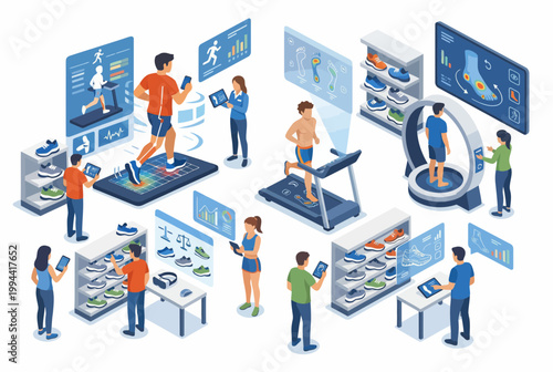 Isometric AR Retail Gait Analysis and Footwear Store Illustration