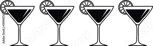 Four elegant martini glasses with orange slices black and white illustration