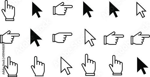 Collection of diverse computer cursors and hand pointing icons in black and white