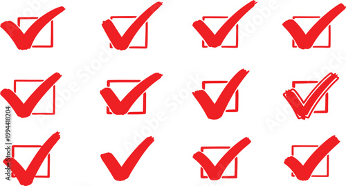 Collection of red checkmark icons in white squares representing completion or approval