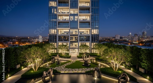 Modern skyscraper with illuminated rooftop garden and city skyline at dusk luxury urban living concept architectural photography