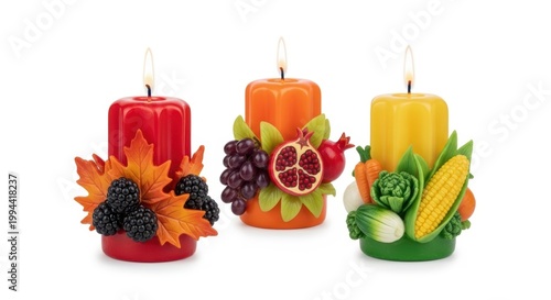 Seasonal fruit-themed decorative candles for ambiance and decoration isolated on white background