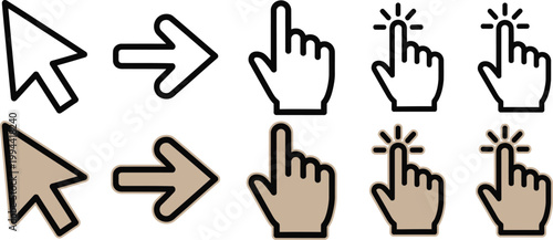 Collection of cursor and hand pointing icons in black and white tones