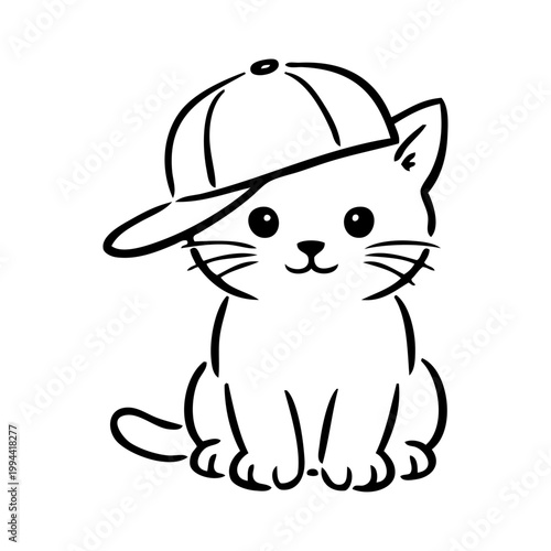 Logotipo con dibujo minimalista con líneas de un adorable  cachorro de gato sentado con una gorra 
