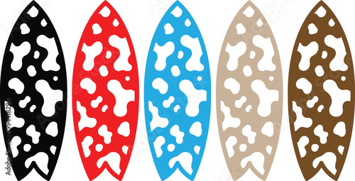 Colorful surfboards displayed in a row vibrant patterns and designs