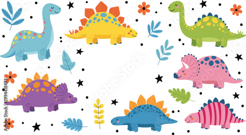 Cute Dinosaur Illustration Set with Colorful Cartoon Dinos, Stegosaurus, Brontosaurus, and Triceratops Characters for Kids Design, Nursery Art, Educational Materials, and Fun Prehistoric Themes.