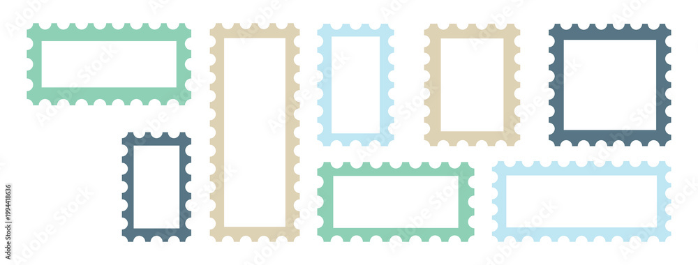 Obraz premium A collection of various rectangular postage stamps.Clean postage stamp template.Realistic trendy post stamps set of vector illustration.