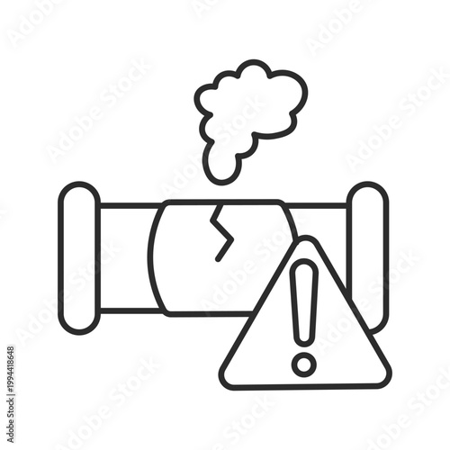 A line drawing of a cylinder with a crack and smoke coming out with a warning sign