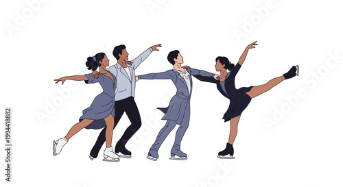 Professional ice skaters performing a graceful dance routine together. EPS Editable. Vector Illustrations.