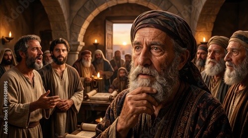 Apostle Peter and John standing before the Jewish religious council. Biblical scene depicting the trial of followers of Jesus. Ancient middle eastern gathering with priest and elder.
