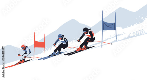 Professional slalom skiers racing down a snowy mountain course. EPS Editable. Vector Illustrations.