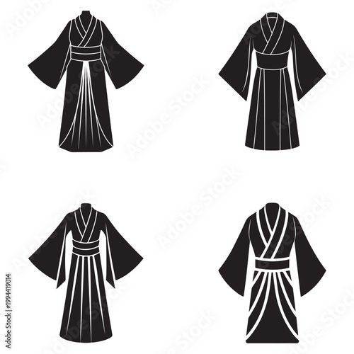 Four black kimono silhouettes with white lines on white background  traditional japanese clothing  kimono styles  fashion design elements