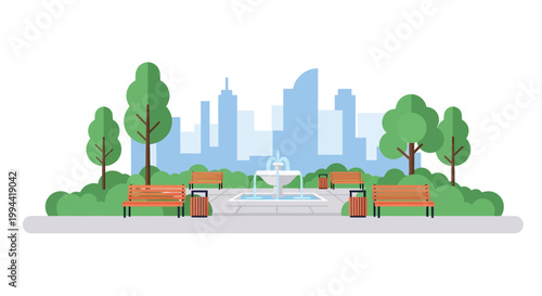 Public park benches and fountain in a green urban recreational area. EPS Editable. Vector Illustrations.