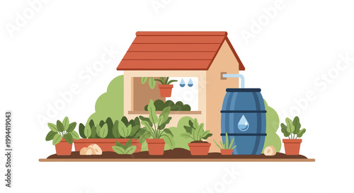 Rainwater harvesting system collecting water from greenhouse roof into a barrel for garden irrigation. EPS Editable. Vector Illustrations.