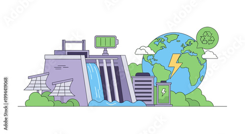 Renewable energy concept featuring hydroelectric dam solar panels and earth. EPS Editable. Vector Illustrations.