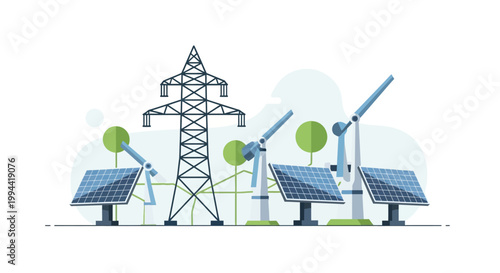 Renewable energy infrastructure with solar panels and power transmission tower. EPS Editable. Vector Illustrations.