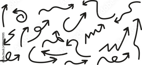 Chaotic collection of hand drawn arrows and scribbles on white background