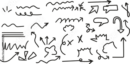 Collection of hand drawn arrows and curved lines on a white background