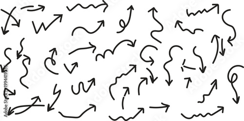 Collection of hand drawn black and white arrows and curved lines