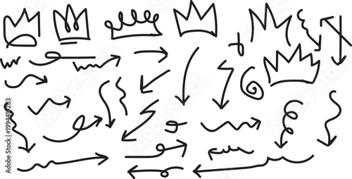 Hand drawn arrows and abstract shapes on white background