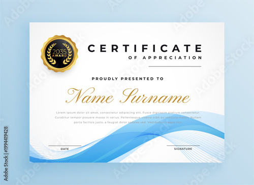 wavy style blue white diploma certificate template