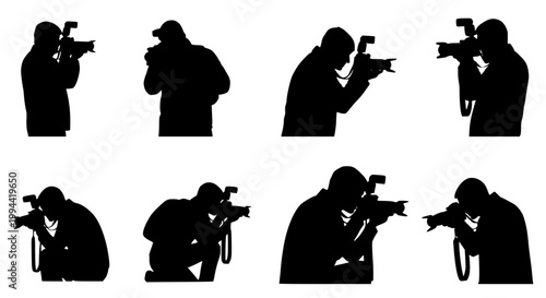 Photographer silhouette vector set with camera poses professional photography black isolated figures illustration