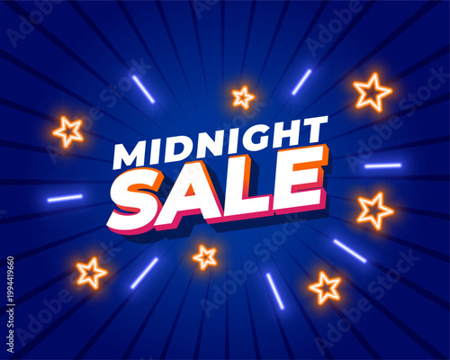 midnight sale offer blue background with glowing stars and rays