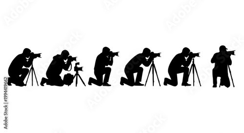 Photographer silhouette icons with cameras in action poses photography profession vector isolated set