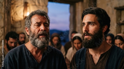 Apostles Peter and John praying with early believers after their interrogation. Biblical scene from Acts of the Apostles. Faithful men speaking to community about faith and gospel.