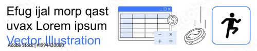 Finance, calculation, economy, data analysis, currency management, productivity. A spreadsheet accompanied by a calculator and running figure. Finance and calculation concepts