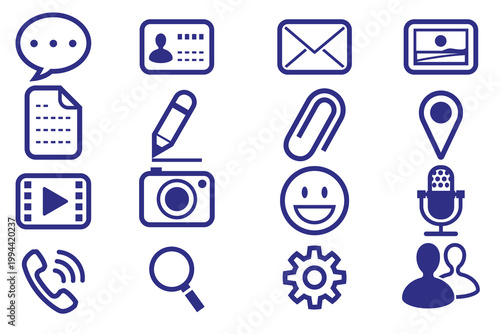 Collection of various blue communication and media related icons displayed
