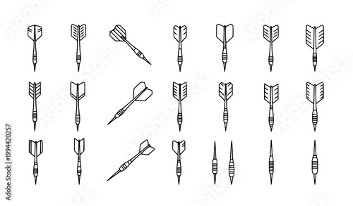 Darts outline icon collection with diverse projectile designs for sport and game editable stroke vector