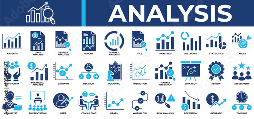 Analysis icon set collection. Containing increase, partnership, review, profit, decision, planning, report .Solid vector icons collection