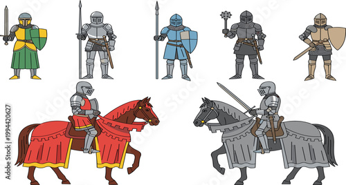 Medieval Knight Illustration Set with Armored Warriors, Swords, Shields, and Mounted Horse Riders for Historical Battle Scenes, Strategy Games, and Fantasy Adventure Design Projects.