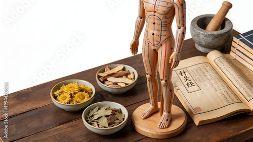Acupuncture model with herbs and books