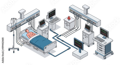 Illustration of a patient in an intensive care unit surrounded by advanced medical monitoring equipment and life support systems.