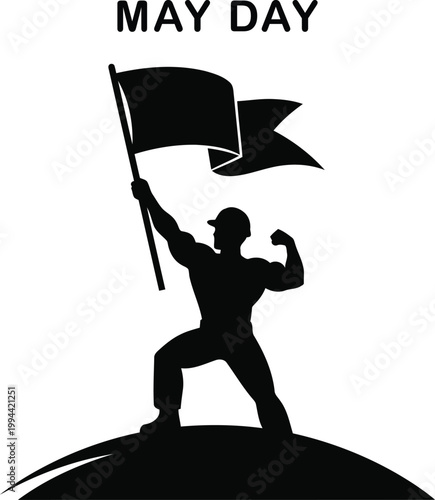 May Day Silhouette of a Worker Holding a Flag on a Hill