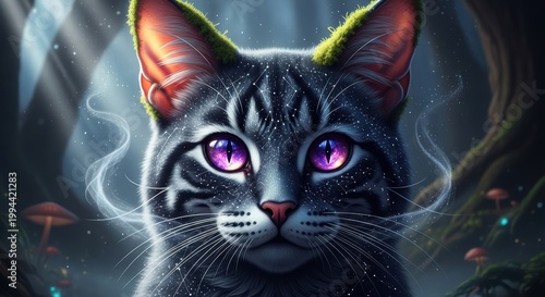 Cosmic feline with ethereal eyes and mystical aura in a surreal digital landscape isolated on white background