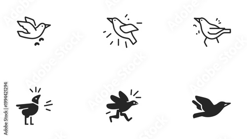 Bird Icon Set: A collection of simple, stylized illustrations showcasing various avian poses, ideal for design projects requiring clean, minimalist imagery.