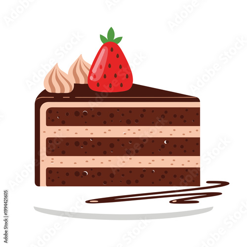 A slice of chocolate cake with cream and strawberry on top