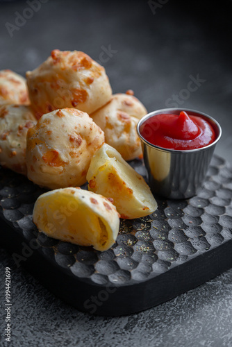 Cheese balls with sauce. Fried cheese.