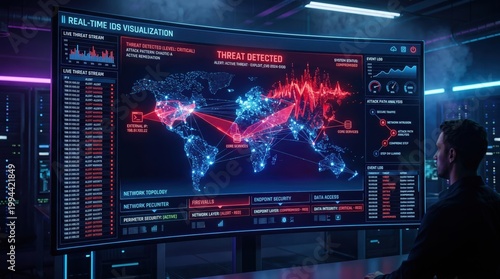 Man analyzing global cyber threat on large computer screen with red and blue data visualization
