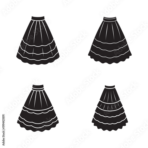 Four black skirts with white lines on white background  fashion design elements  clothing icons