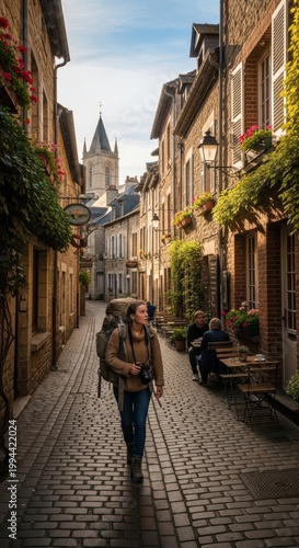 Couple strolling down a charming cobblestone street lined with historic buildings in european town isolated on white background