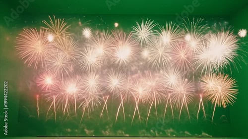 vibrant fireworks display over calm lake at night with golden reflections