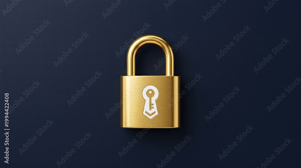 Fototapeta premium Golden padlock with white keyhole on dark background symbolizing security and protection