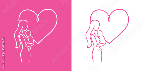 Logotipo con dibujo minimalista con líneas de una madre abrazando a su hijo con un corazón, para tarjetas y felicitaciones del Día de la Madre 