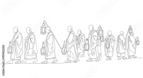 People walking in a line formation.