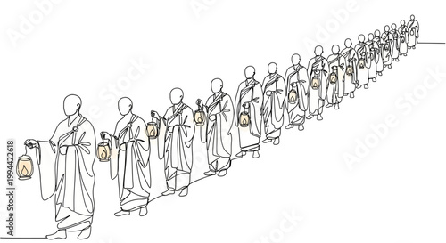 People walking in a line formation.